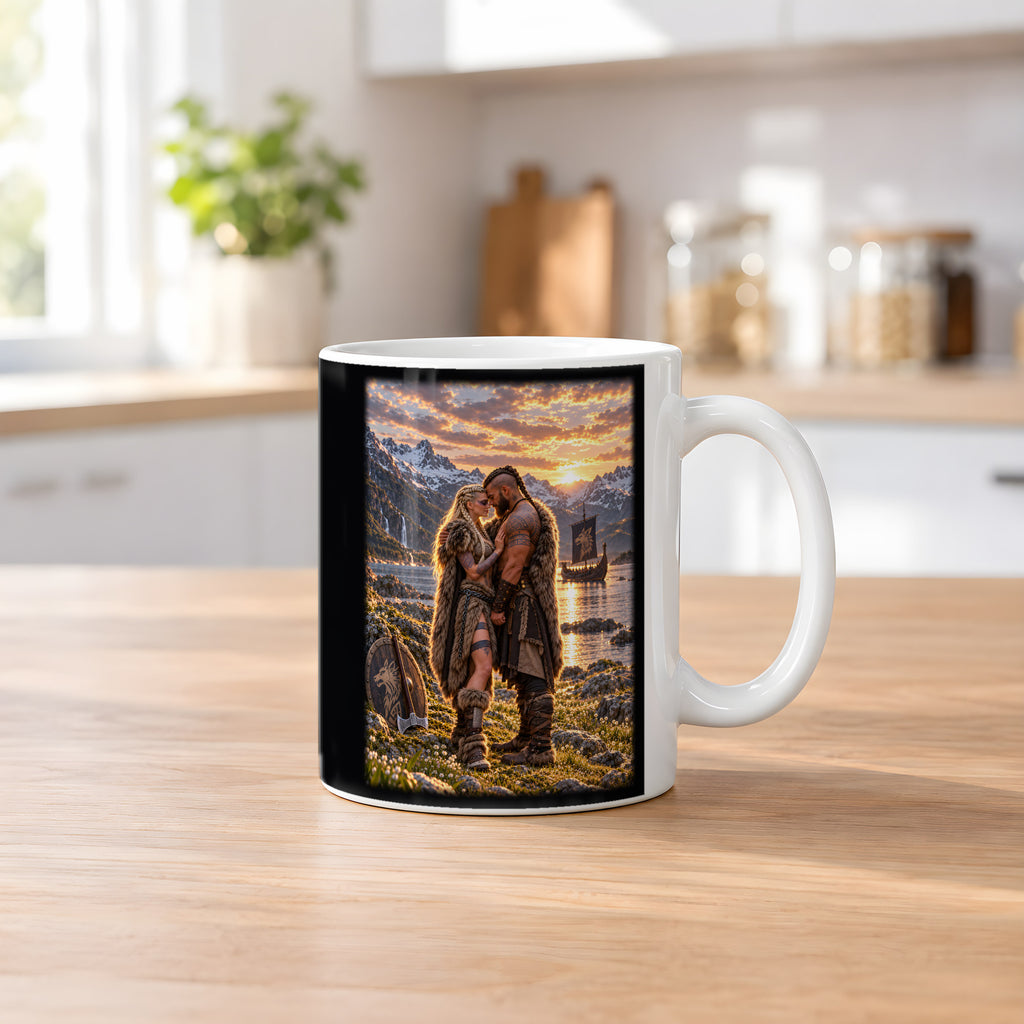 Der Fjordbund – Umarmung eines Wikingerpaars am Fjord im Abendlicht, Tasse Weiß, auf einem Küchentresen