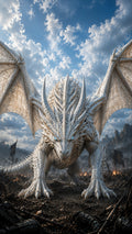 Der Frostwächter — weißer Drache mit gespreizten Flügeln über dem Schlachtfeld