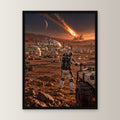 Die fallenden Sterne – Astronaut und Rover vor einer Kolonie mit Meteoriteneinschlag, im schwarzen Holzrahmen, gerade von vorn an heller Wand