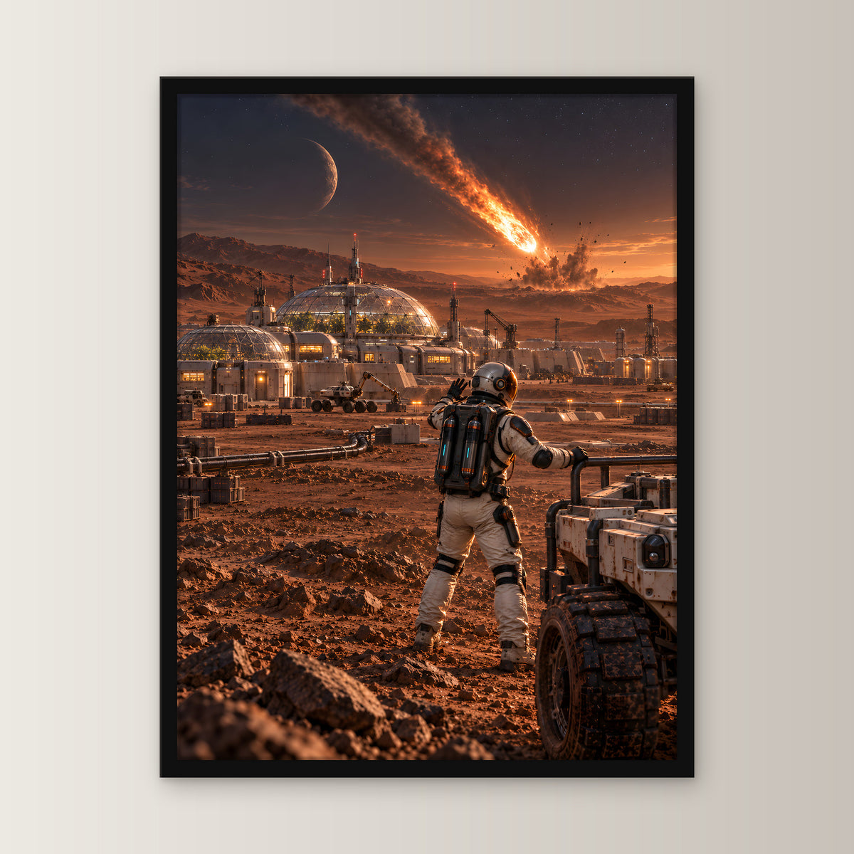 Die fallenden Sterne – Astronaut und Rover vor einer Kolonie mit Meteoriteneinschlag, im schwarzen Holzrahmen, gerade von vorn an heller Wand