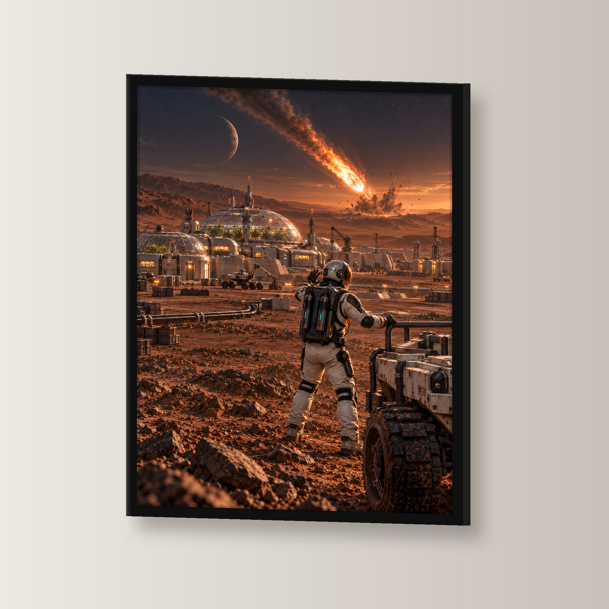 Die fallenden Sterne – Astronaut und Rover vor einer Kolonie mit Meteoriteneinschlag, im schwarzen Holzrahmen, leicht gedreht an der Wand