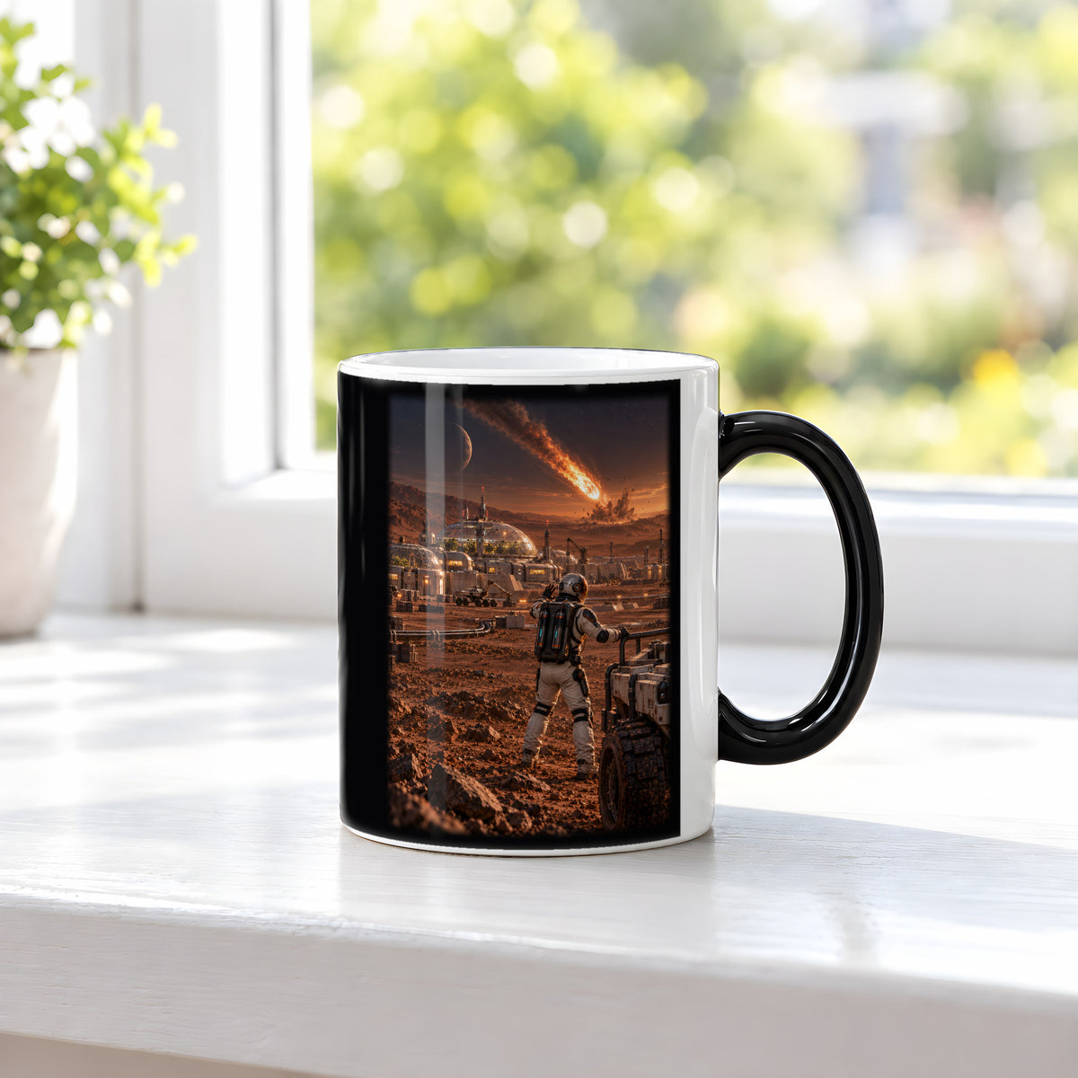 Die fallenden Sterne – Astronaut und Rover vor einer Kolonie mit Meteoriteneinschlag, Black Edition (Zaubertasse), auf einer Fensterbank