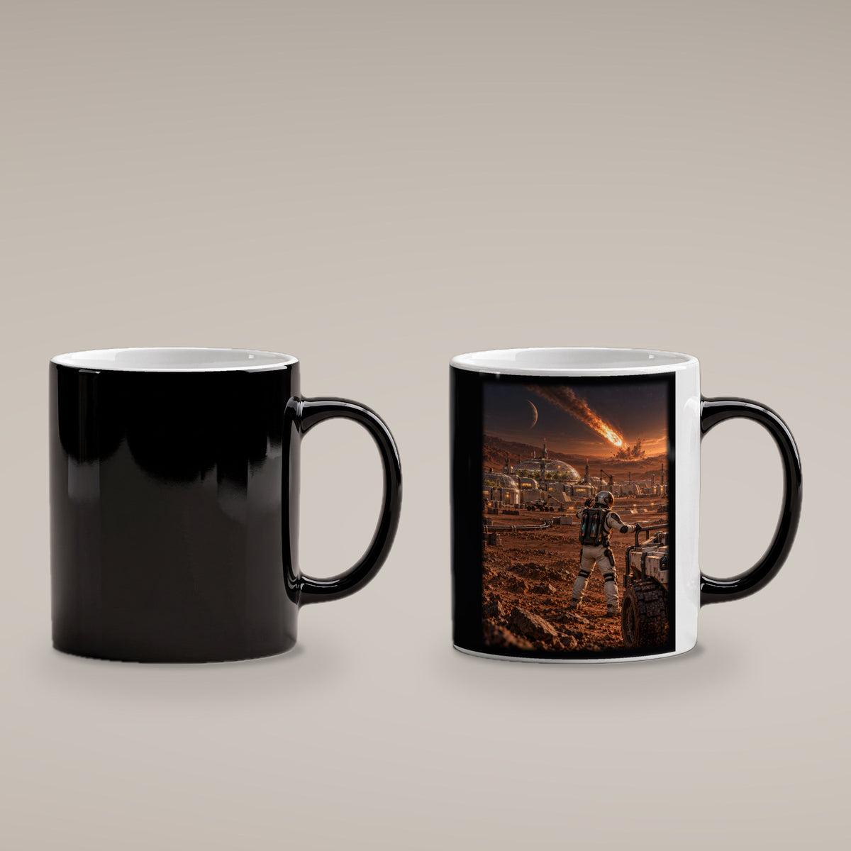 Die fallenden Sterne – Astronaut und Rover vor einer Kolonie mit Meteoriteneinschlag, Black Edition (Zaubertasse), kalt schwarz und heiß mit Motiv