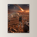 Die fallenden Sterne – Astronaut und Rover vor einer Kolonie mit Meteoriteneinschlag, auf Acrylglas mit vier Abstandshaltern, gerade von vorn an heller Wand