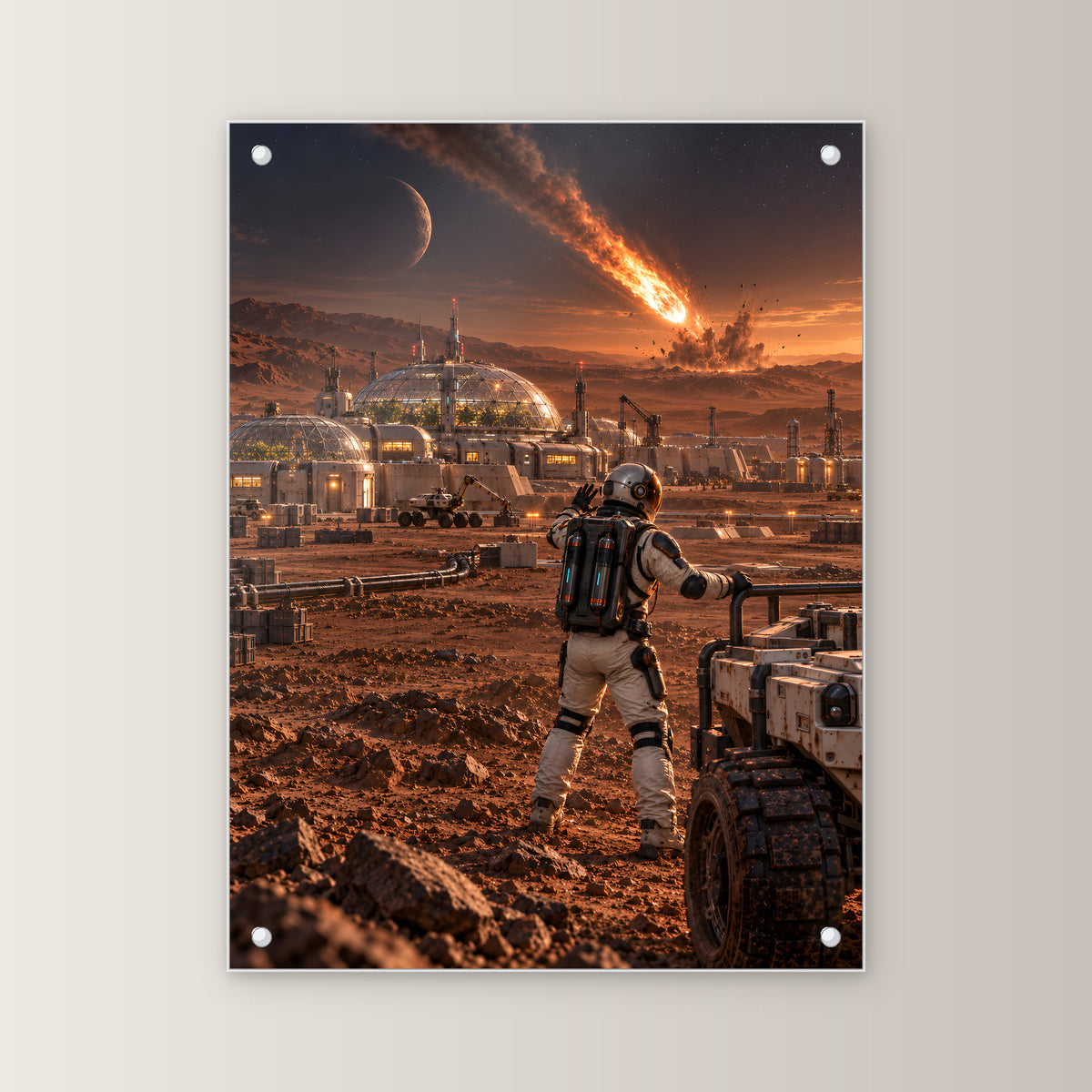 Die fallenden Sterne – Astronaut und Rover vor einer Kolonie mit Meteoriteneinschlag, auf Acrylglas mit vier Abstandshaltern, gerade von vorn an heller Wand