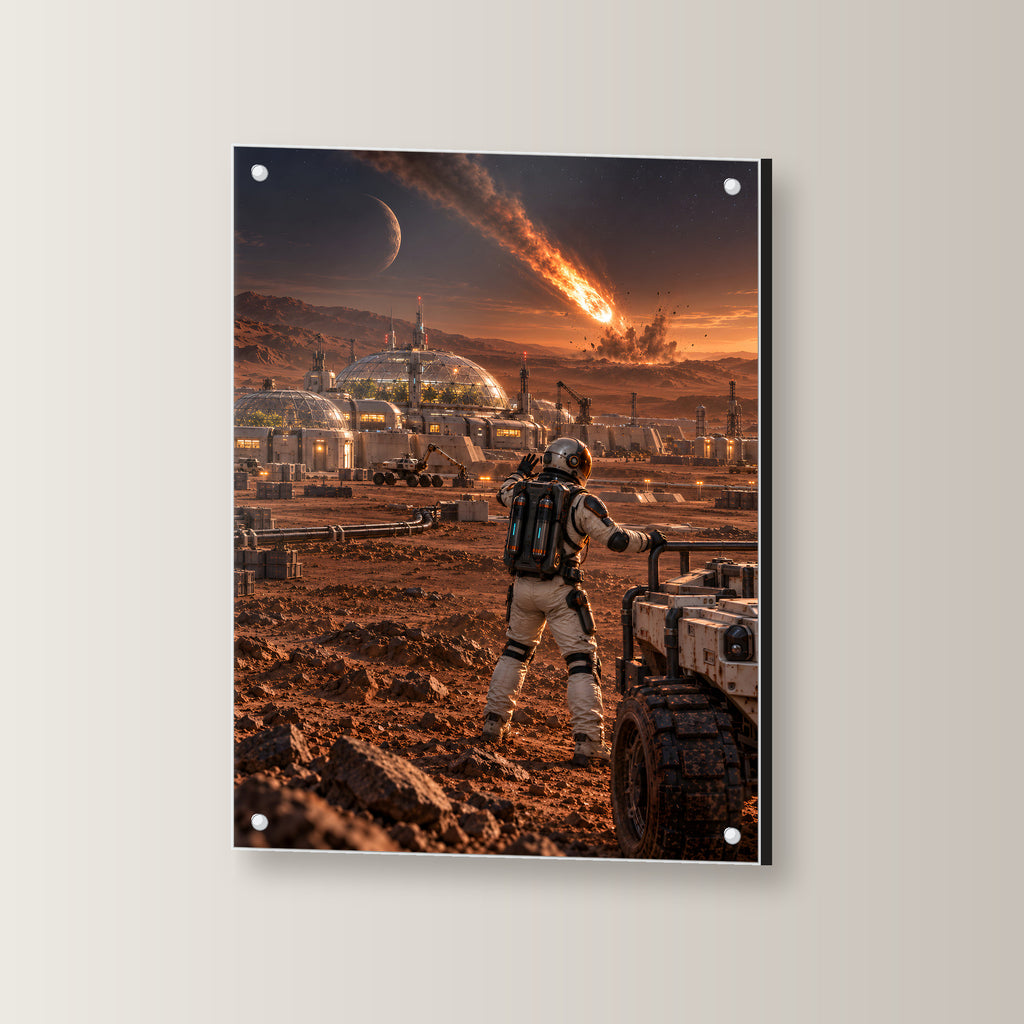Die fallenden Sterne – Astronaut und Rover vor einer Kolonie mit Meteoriteneinschlag, auf Acrylglas mit vier Abstandshaltern, leicht gedreht an der Wand
