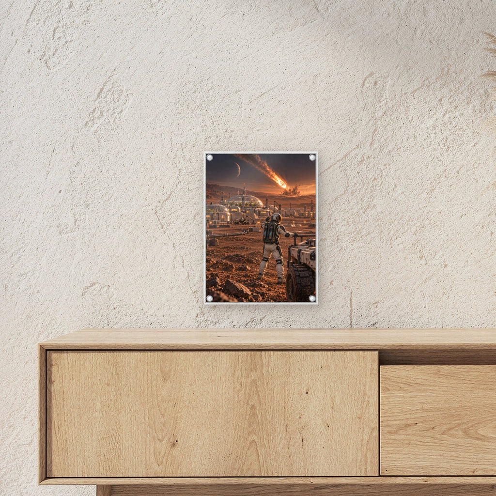 Die fallenden Sterne – Astronaut und Rover vor einer Kolonie mit Meteoriteneinschlag, auf Acrylglas mit vier Abstandshaltern, über einem Sideboard, Größenansicht im Raum