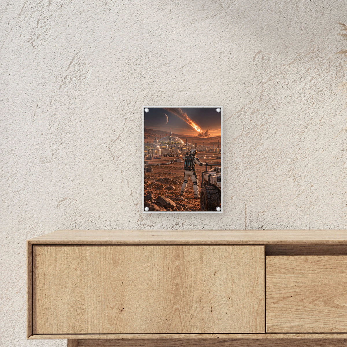 Die fallenden Sterne – Astronaut und Rover vor einer Kolonie mit Meteoriteneinschlag, auf Acrylglas mit vier Abstandshaltern, über einem Sideboard, Größenansicht im Raum