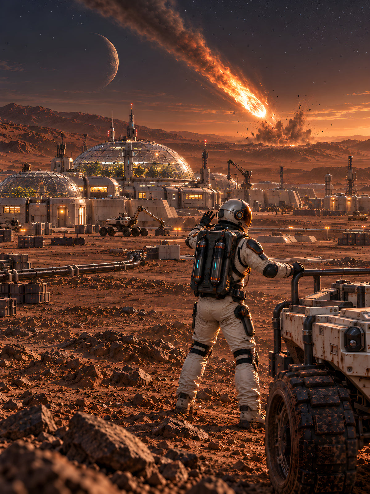 Die fallenden Sterne – Astronaut und Rover vor einer Kolonie mit Meteoriteneinschlag, vollständiges Motiv