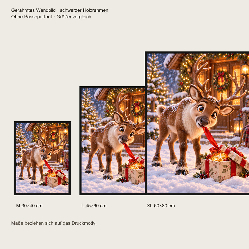 Geschenk-Inspektor – Gerahmtes Rentierbild. Schwarzer Rahmen ohne Passepartout. 5 GROESSEN. M 30×40, L45×60, XL60×80 cm.