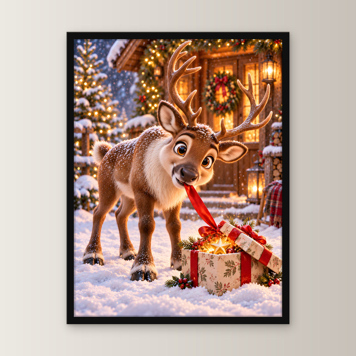 Geschenk-Inspektor – Gerahmtes Rentierbild – Frontalansicht im schwarzen Holzrahmen, ohne Passepartout; M 30×40, L 45×60 und XL 60×80 cm.
