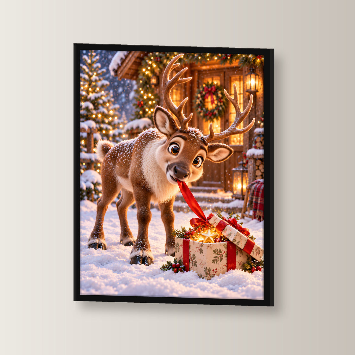 Geschenk-Inspektor – Gerahmtes Rentierbild. Schwarzer Rahmen ohne Passepartout. 2 WINKEL. 30×40 cm.