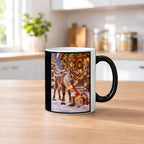 Geschenk-Inspektor – Rentiertasse. Beidseitige Motivansicht. 2 KUECHE HEISS. Zaubertasse: Wärmeeffekt.