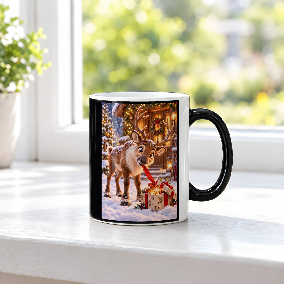 Geschenk-Inspektor – Rentiertasse. Beidseitige Motivansicht. 3 FENSTER HEISS. Zaubertasse: Wärmeeffekt.