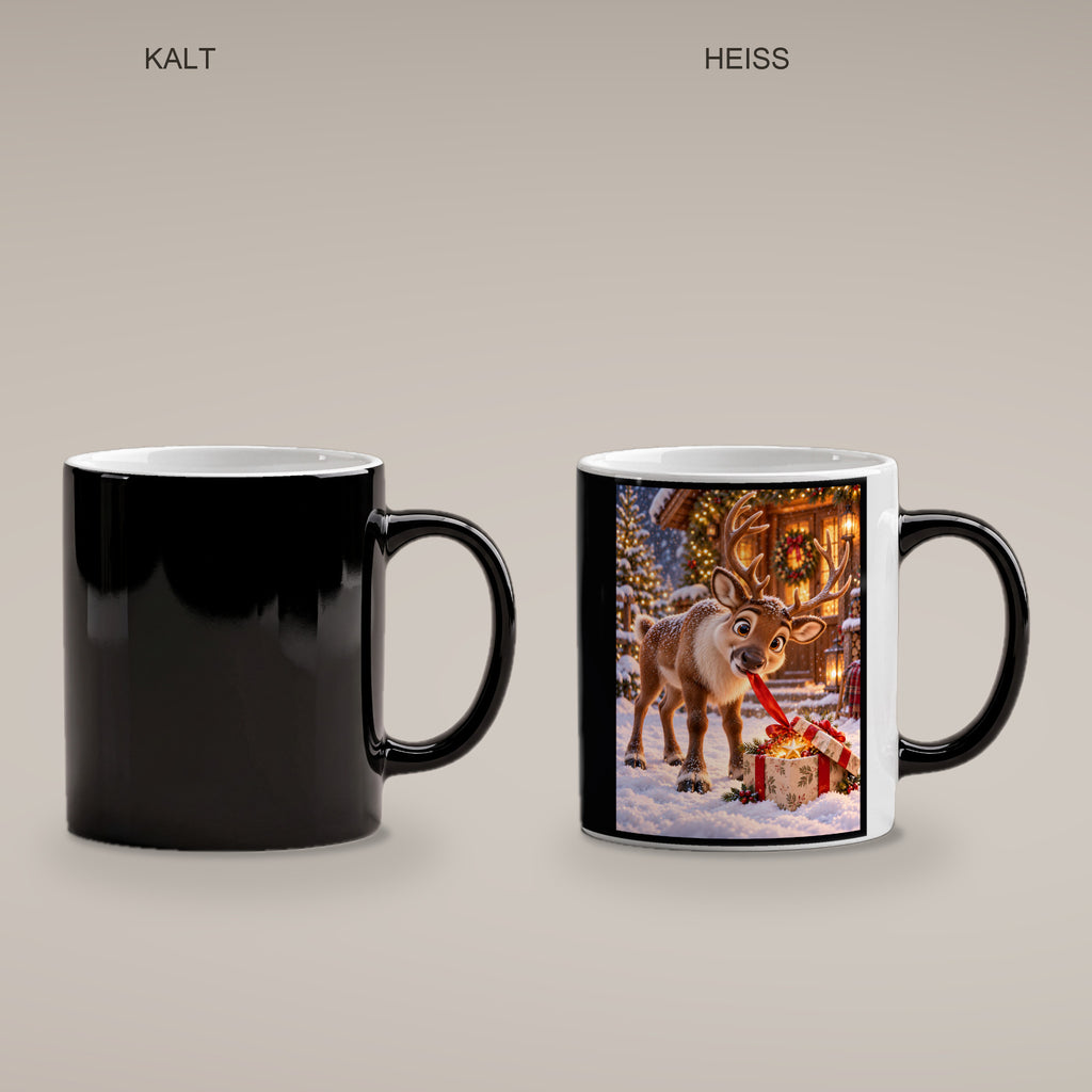 Geschenk-Inspektor – Rentiertasse. Beidseitige Motivansicht. 4 PAAR KALT HEISS. Zaubertasse: Wärmeeffekt.