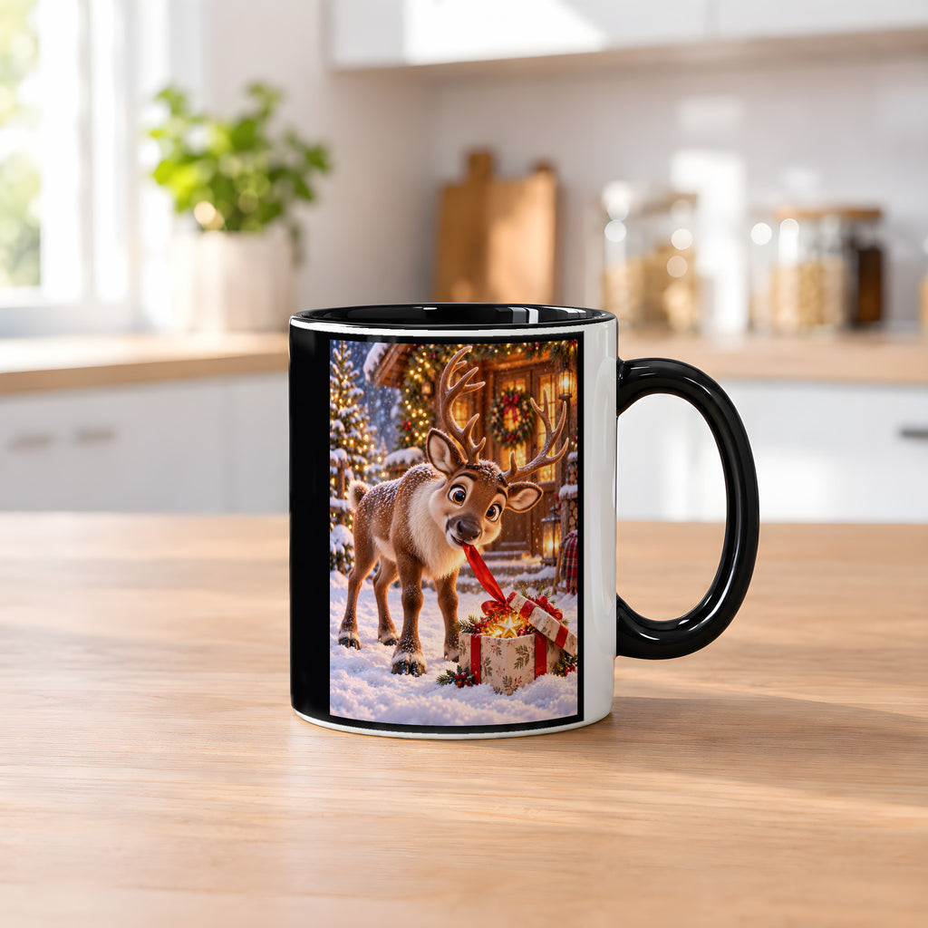 Geschenk-Inspektor – Rentiertasse. Beidseitige Motivansicht. 2 KUECHE. Innen schwarz.