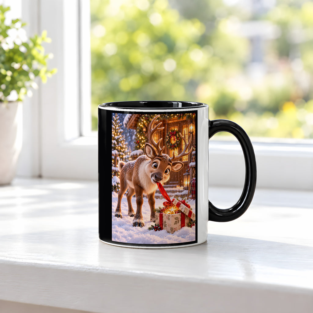 Geschenk-Inspektor – Rentiertasse. Beidseitige Motivansicht. 3 FENSTER. Innen schwarz.
