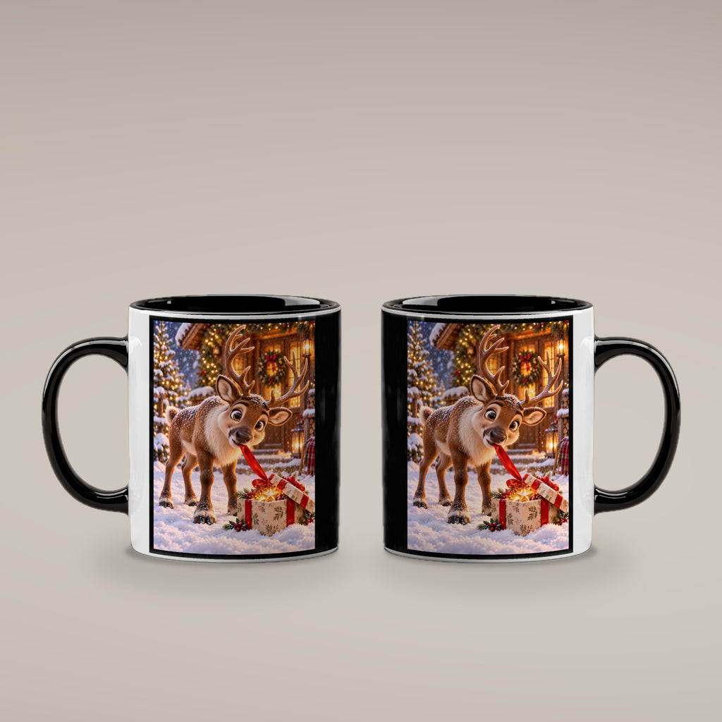Geschenk-Inspektor – Rentiertasse. Beidseitige Motivansicht. 4 BEIDE SEITEN. Innen schwarz.
