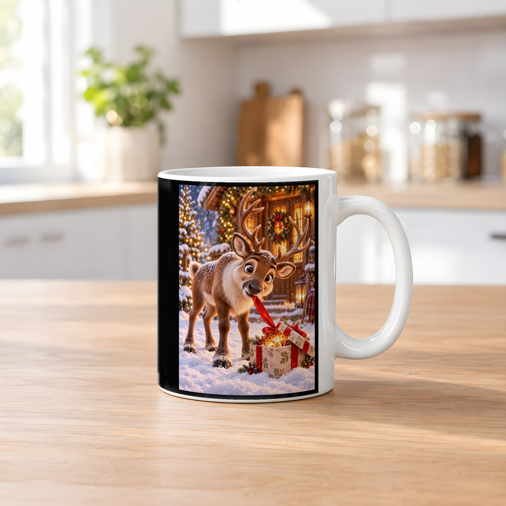 Geschenk-Inspektor – Rentiertasse. Beidseitige Motivansicht. 2 KUECHE. Weiß.