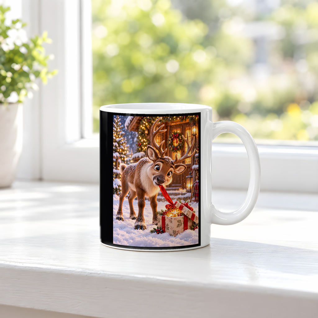 Geschenk-Inspektor – Rentiertasse. Beidseitige Motivansicht. 3 FENSTER. Weiß.