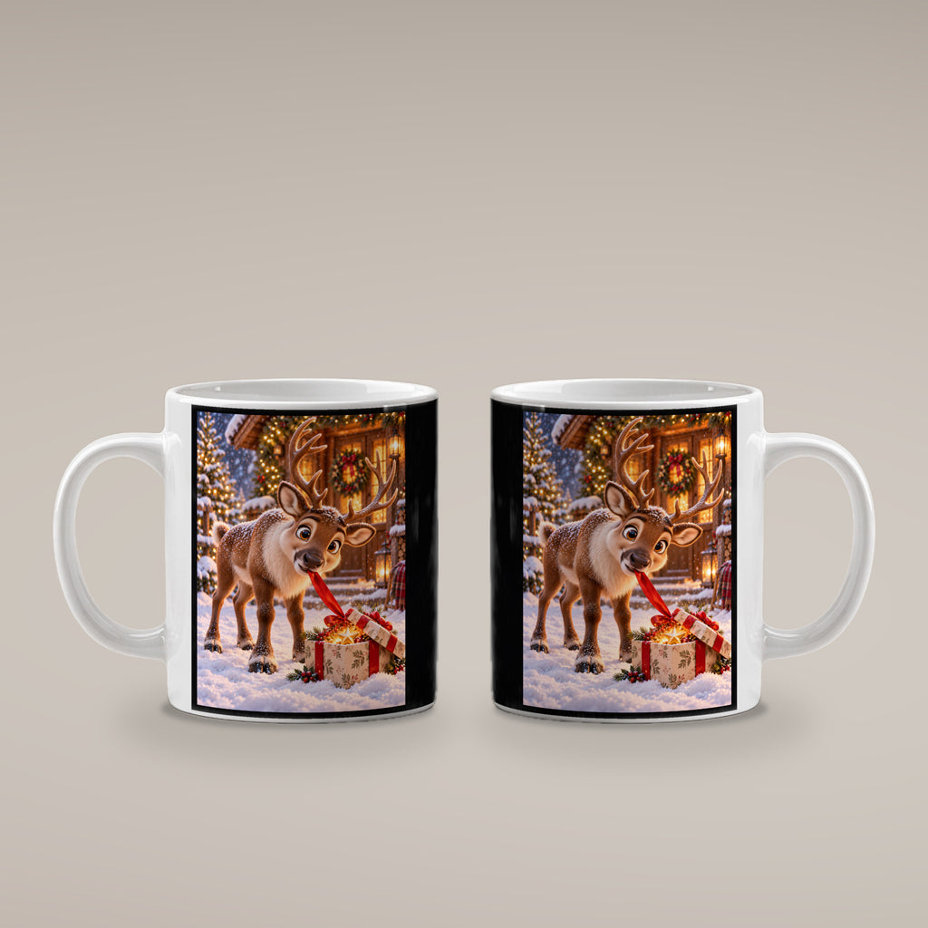 Geschenk-Inspektor – Rentiertasse. Beidseitige Motivansicht. 4 BEIDE SEITEN. Weiß.