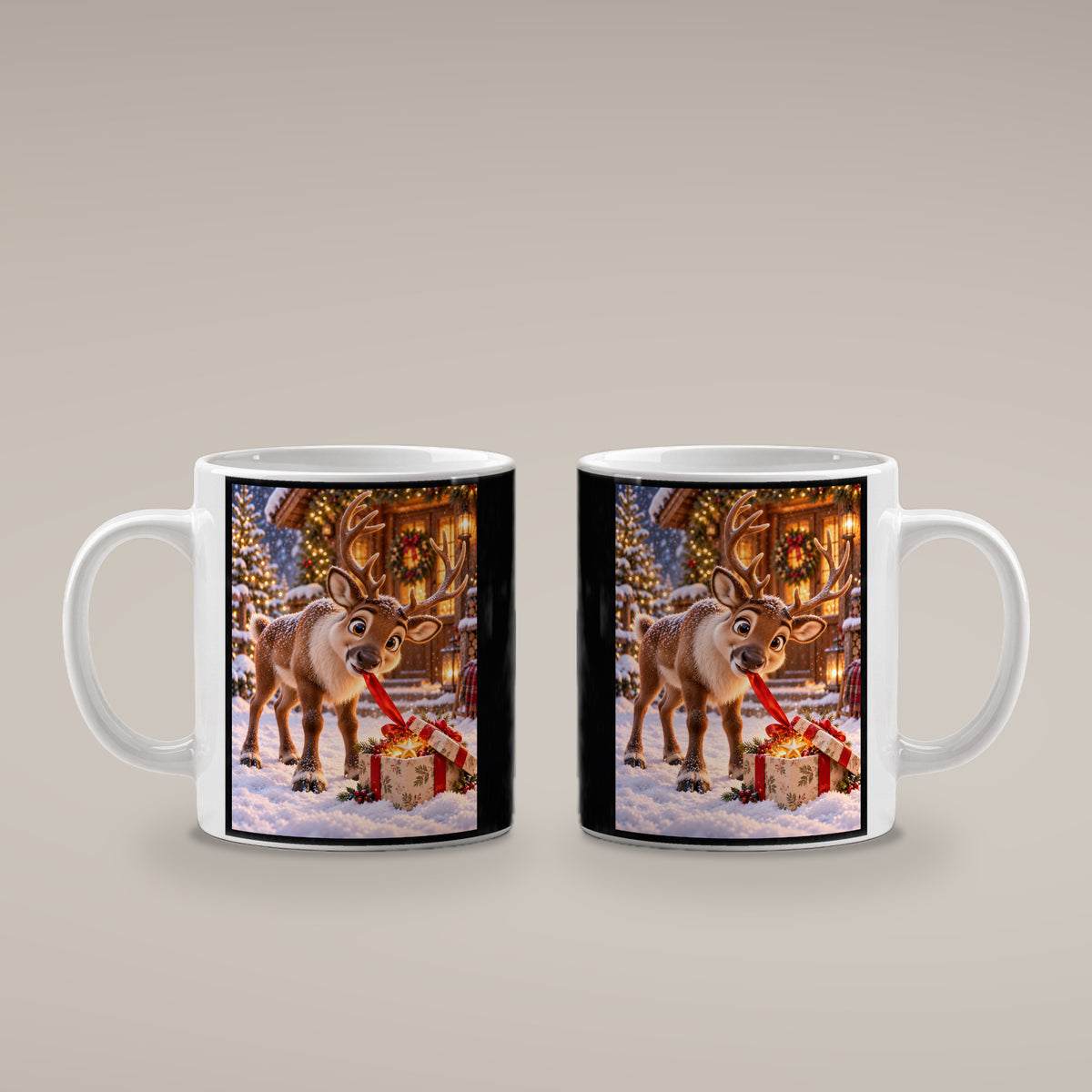 Geschenk-Inspektor – Rentiertasse. Beidseitige Motivansicht. 4 BEIDE SEITEN. Weiß.