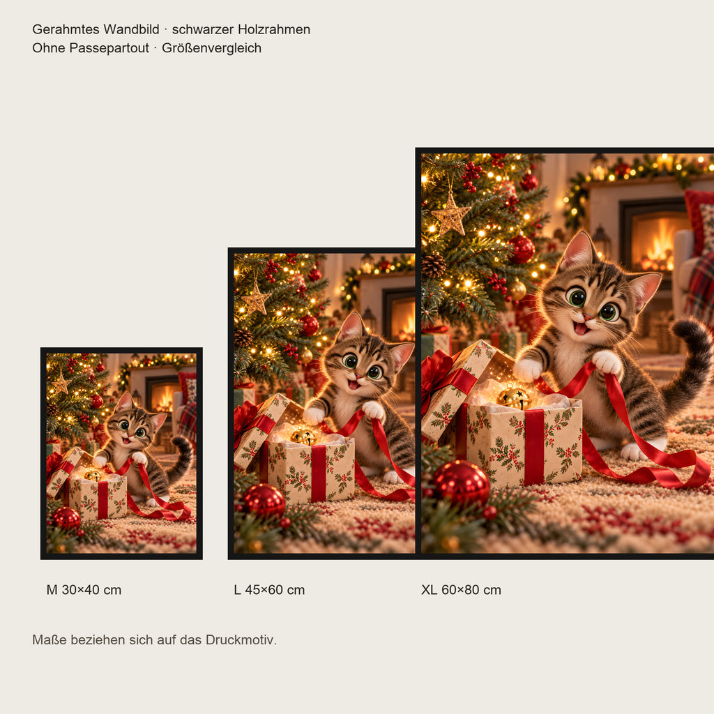 Geschenkband-Dieb – Gerahmtes Katzenbild. Schwarzer Rahmen ohne Passepartout. 5 GROESSEN. M 30×40, L45×60, XL60×80 cm.