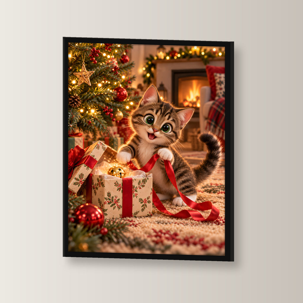 Geschenkband-Dieb – Gerahmtes Katzenbild. Schwarzer Rahmen ohne Passepartout. 2 WINKEL. 30×40 cm.