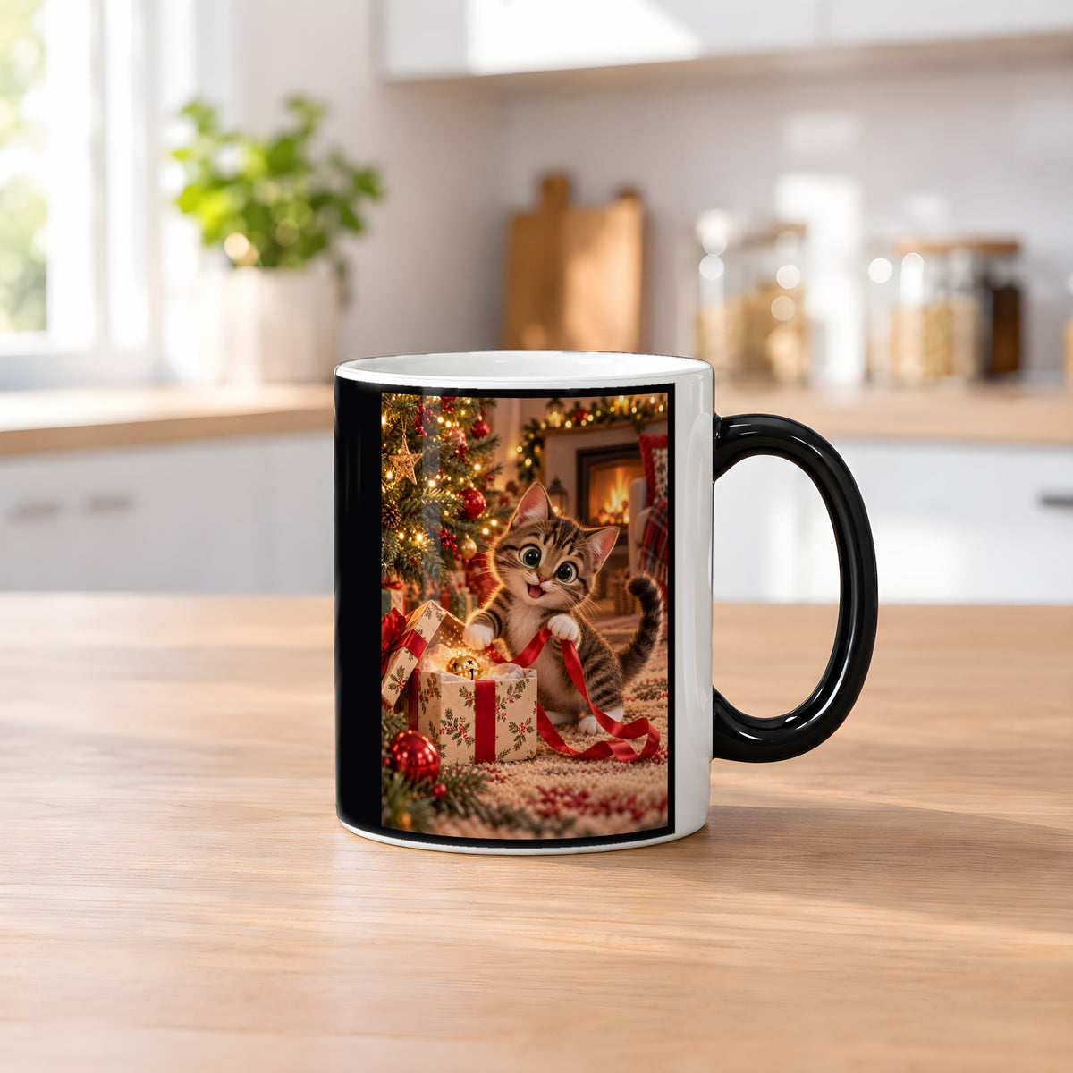 Geschenkband-Dieb – Katzentasse. Beidseitige Motivansicht. 2 KUECHE HEISS. Zaubertasse: Wärmeeffekt.