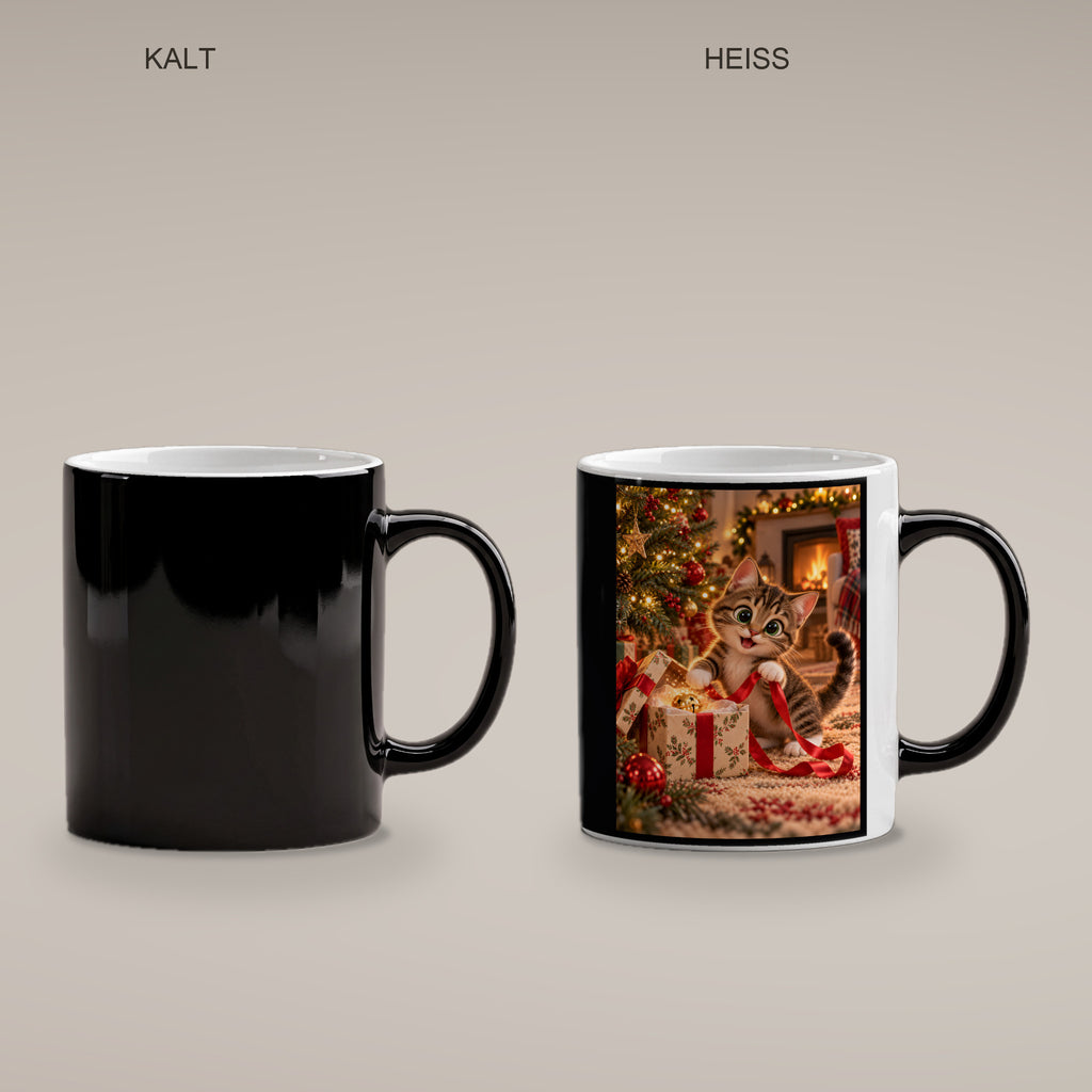Geschenkband-Dieb – Katzentasse. Beidseitige Motivansicht. 4 PAAR KALT HEISS. Zaubertasse: Wärmeeffekt.