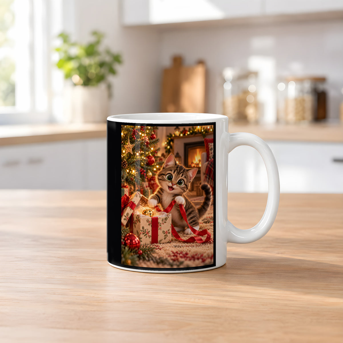 Geschenkband-Dieb – Katzentasse. Beidseitige Motivansicht. 2 KUECHE. Weiß.