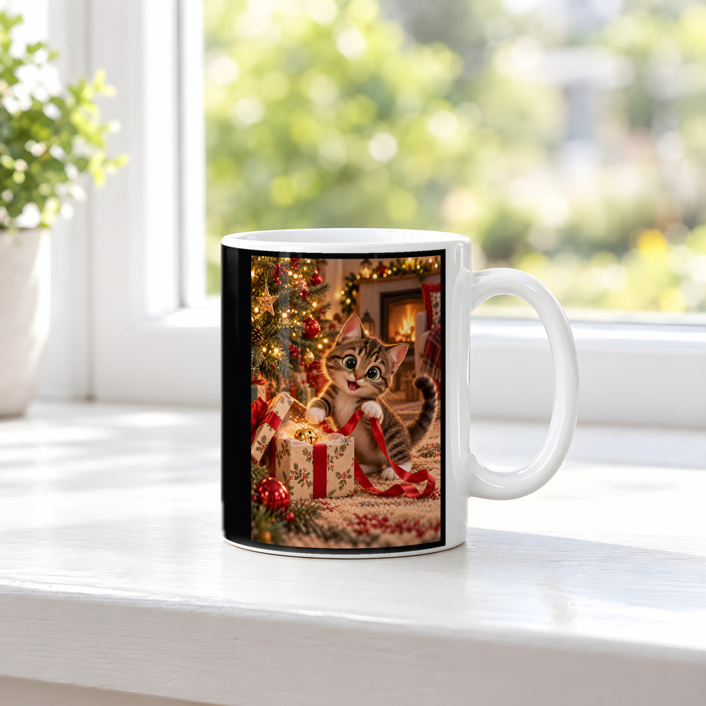 Geschenkband-Dieb – Katzentasse. Beidseitige Motivansicht. 3 FENSTER. Weiß.