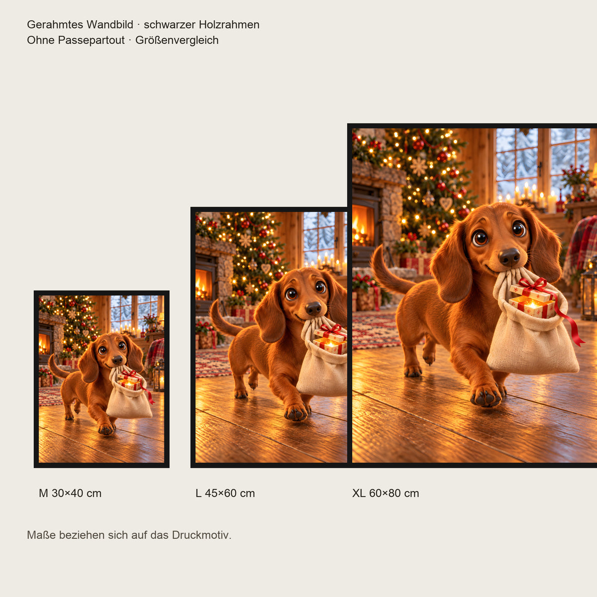 Kleiner Weihnachtshelfer – Gerahmtes Dackelbild. Schwarzer Rahmen ohne Passepartout. 5 GROESSEN. M 30×40, L45×60, XL60×80 cm.