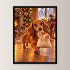 Kleiner Weihnachtshelfer – Gerahmtes Dackelbild – Frontalansicht im schwarzen Holzrahmen, ohne Passepartout; M 30×40, L 45×60 und XL 60×80 cm.