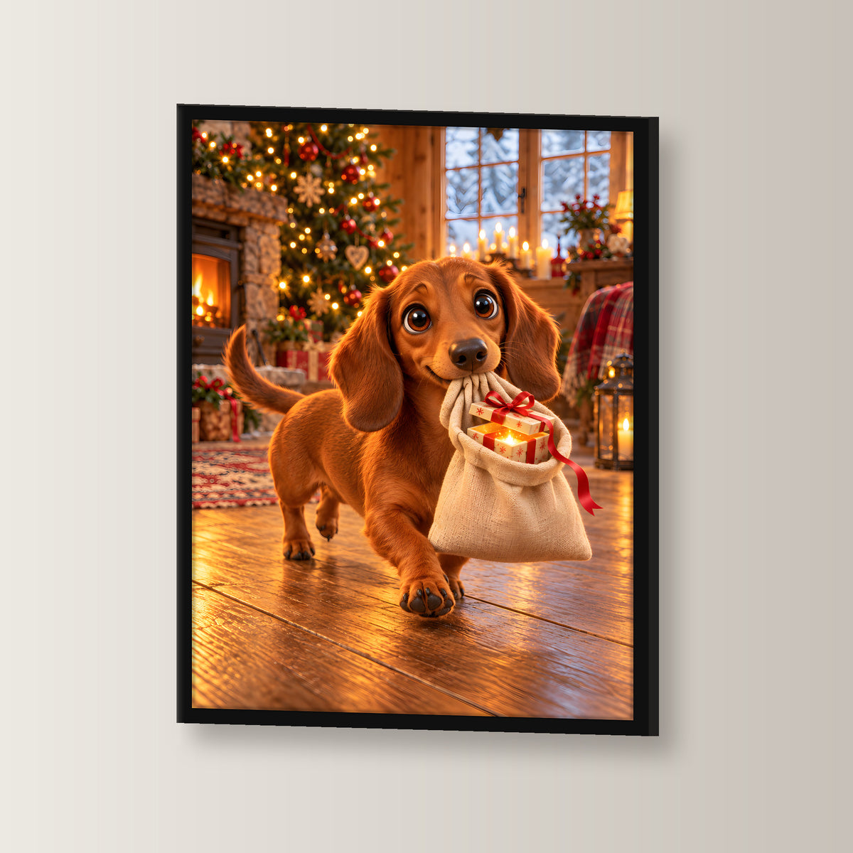 Kleiner Weihnachtshelfer – Gerahmtes Dackelbild. Schwarzer Rahmen ohne Passepartout. 2 WINKEL. 30×40 cm.