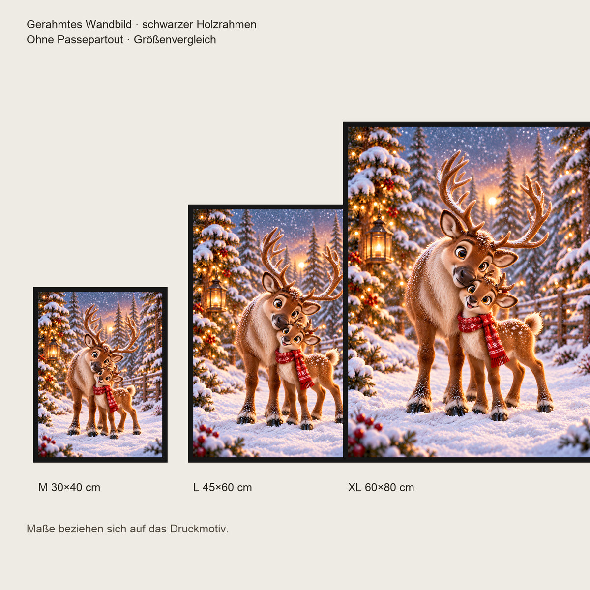 Nasenkuss im Schnee – Gerahmtes Rentierbild. Schwarzer Rahmen ohne Passepartout. 5 GROESSEN. M 30×40, L45×60, XL60×80 cm.