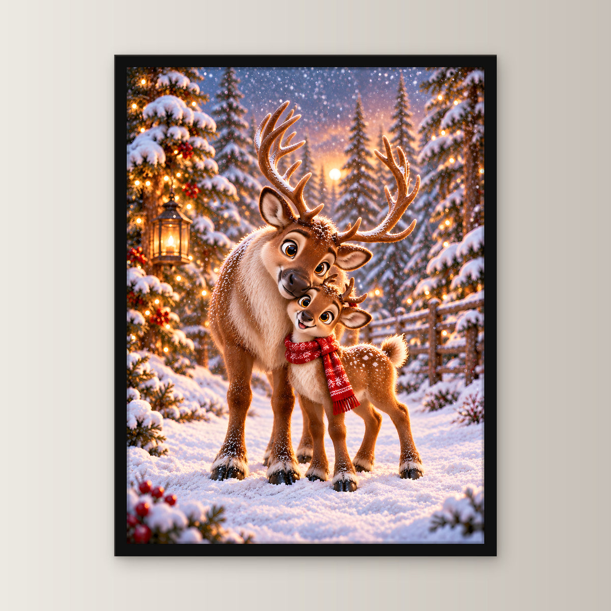 Nasenkuss im Schnee – Gerahmtes Rentierbild – Frontalansicht im schwarzen Holzrahmen, ohne Passepartout; M 30×40, L 45×60 und XL 60×80 cm.
