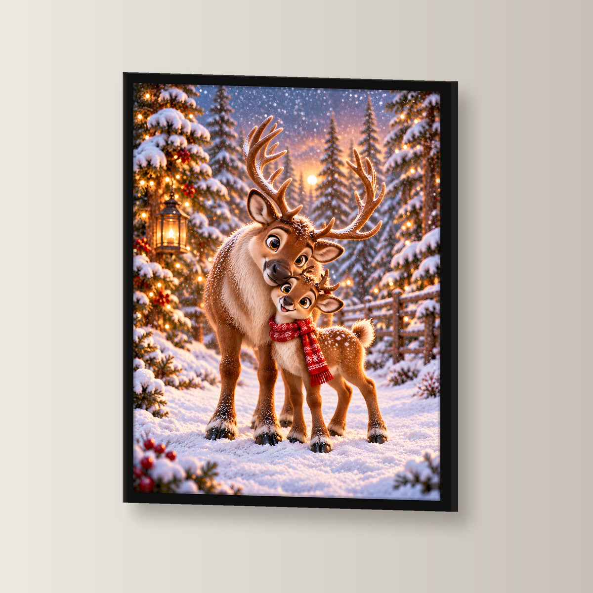Nasenkuss im Schnee – Gerahmtes Rentierbild. Schwarzer Rahmen ohne Passepartout. 2 WINKEL. 30×40 cm.