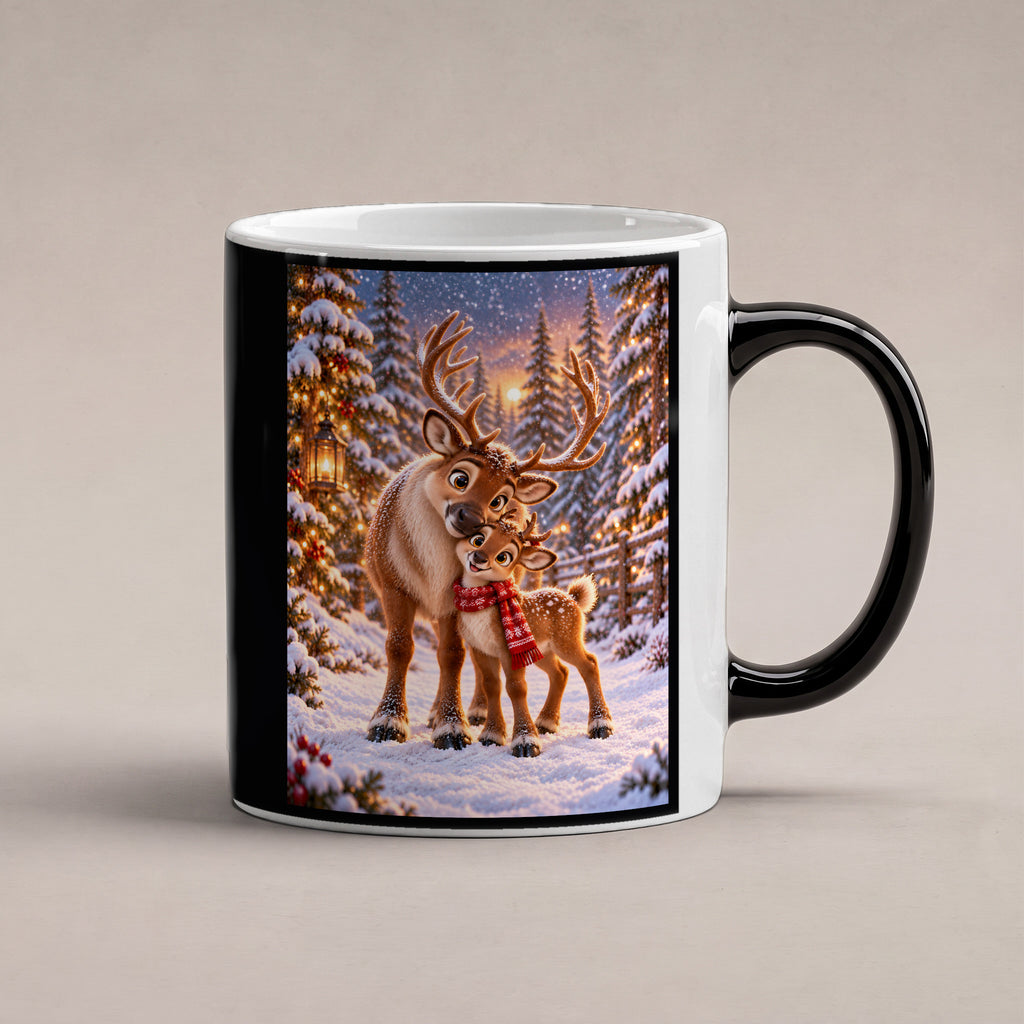 Nasenkuss im Schnee – Rentiertasse. Beidseitige Motivansicht. 1 STUDIO HEISS. Zaubertasse: Wärmeeffekt.