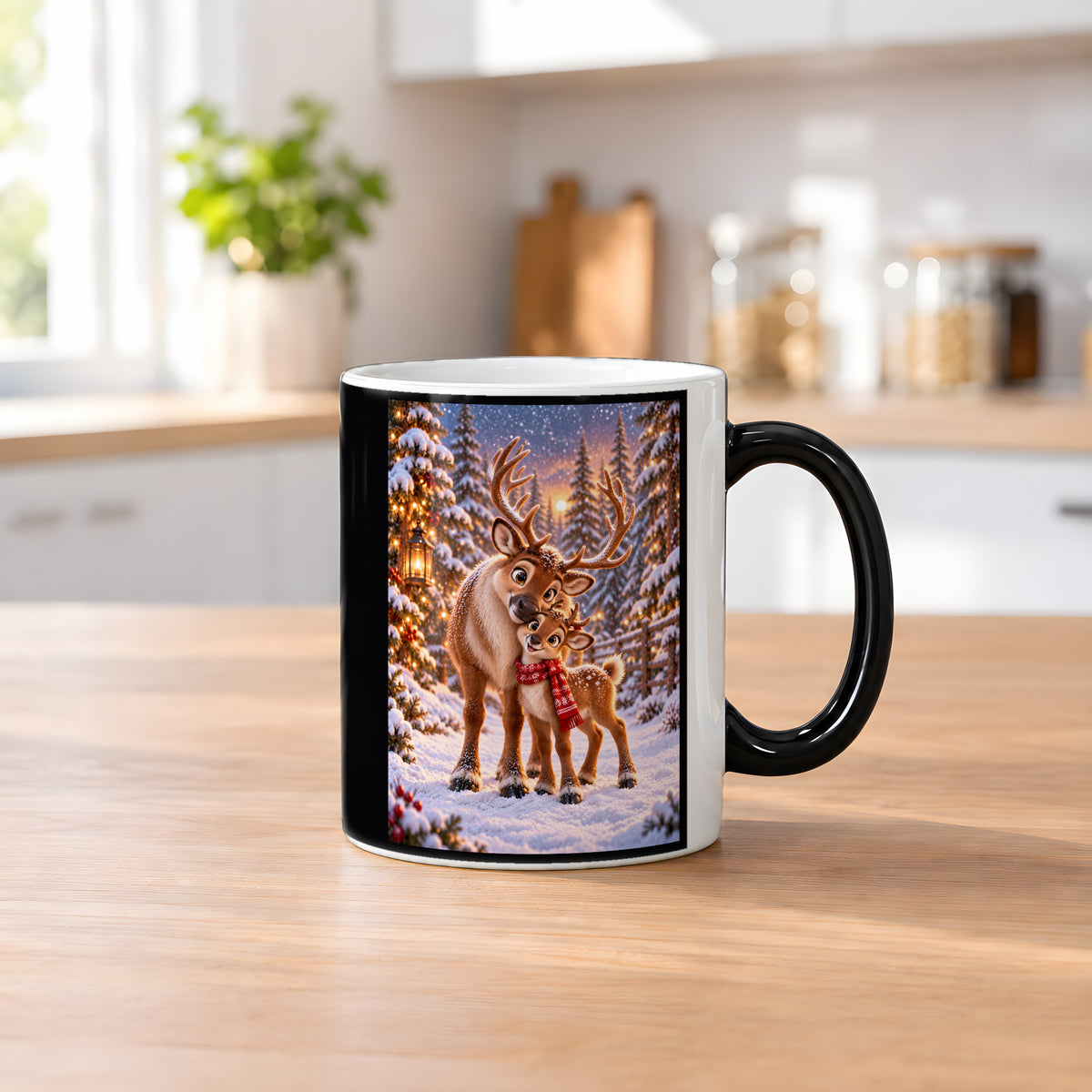 Nasenkuss im Schnee – Rentiertasse. Beidseitige Motivansicht. 2 KUECHE HEISS. Zaubertasse: Wärmeeffekt.