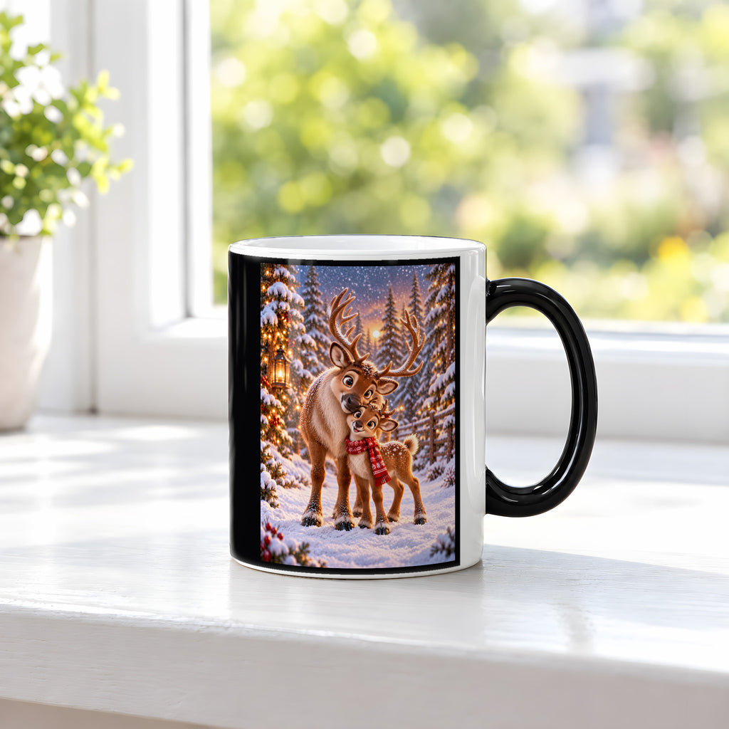Nasenkuss im Schnee – Rentiertasse. Beidseitige Motivansicht. 3 FENSTER HEISS. Zaubertasse: Wärmeeffekt.