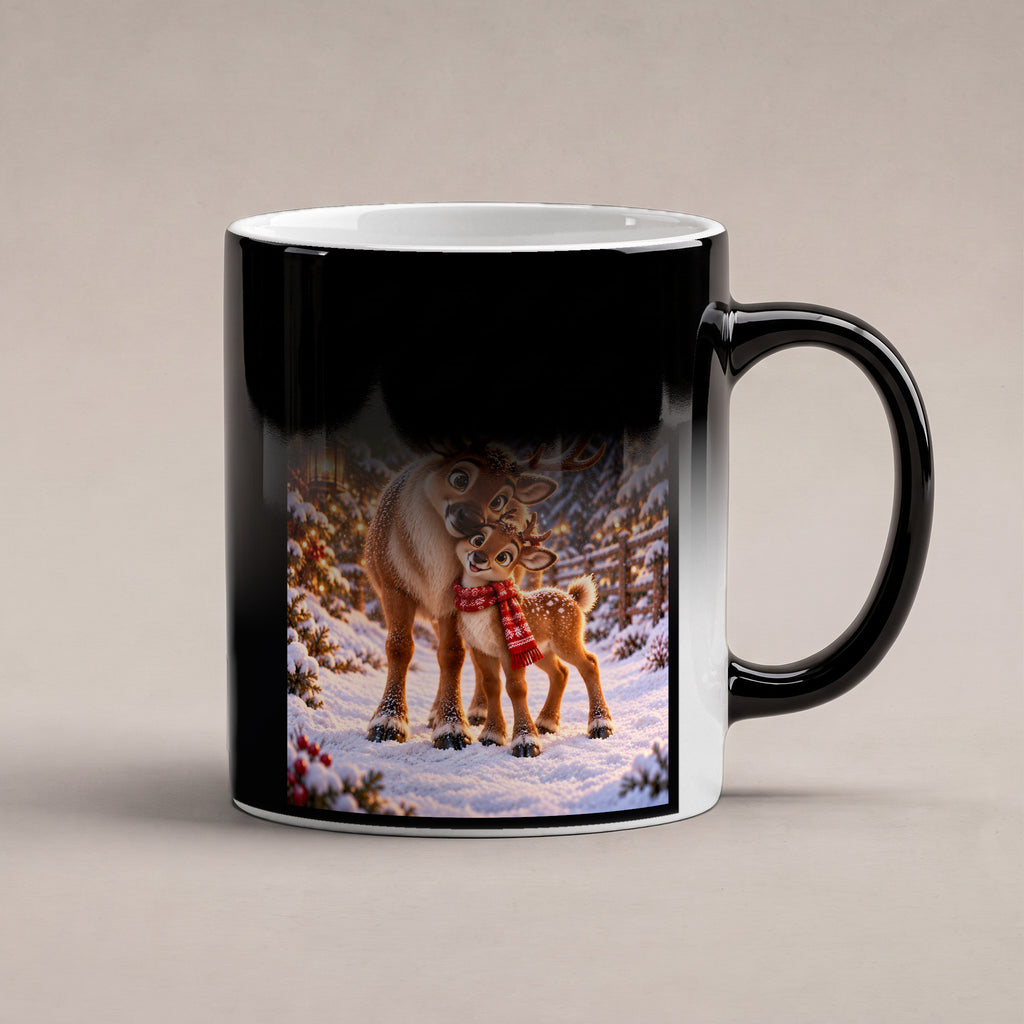Nasenkuss im Schnee – Rentiertasse. Beidseitige Motivansicht. 6 WAERMEEFFEKT. Zaubertasse: Wärmeeffekt.