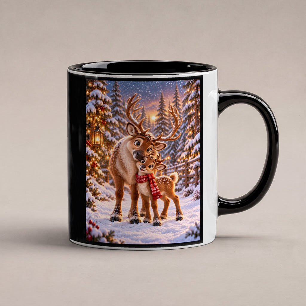 Nasenkuss im Schnee – Rentiertasse. Beidseitige Motivansicht. 1 STUDIO. Innen schwarz.