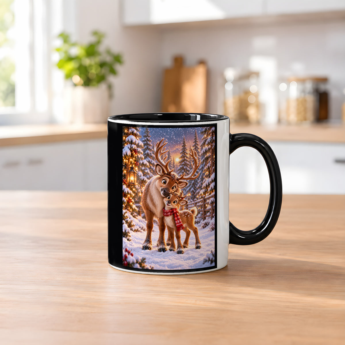 Nasenkuss im Schnee – Rentiertasse. Beidseitige Motivansicht. 2 KUECHE. Innen schwarz.