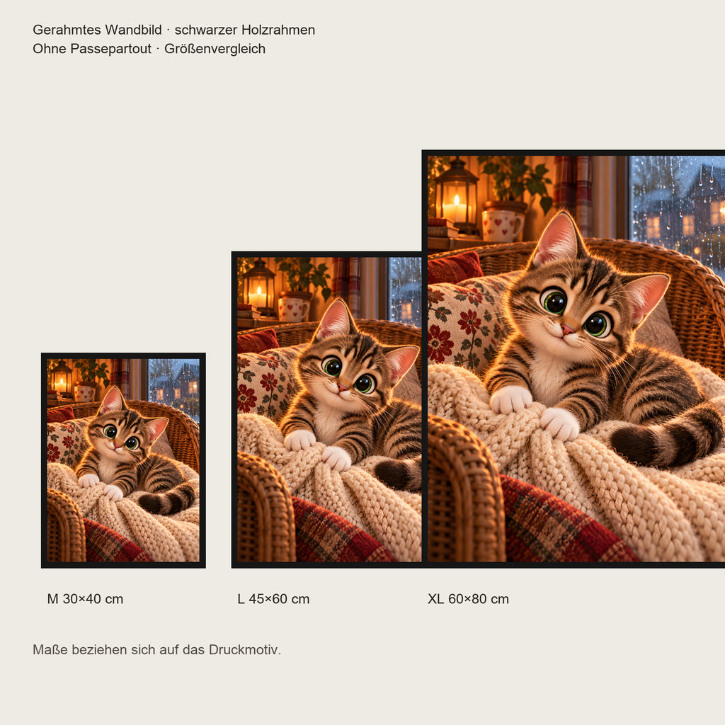 Kleines Kuschelglück – Gerahmtes Katzenbild. Schwarzer Rahmen ohne Passepartout. 5 GROESSEN. M 30×40, L45×60, XL60×80 cm.