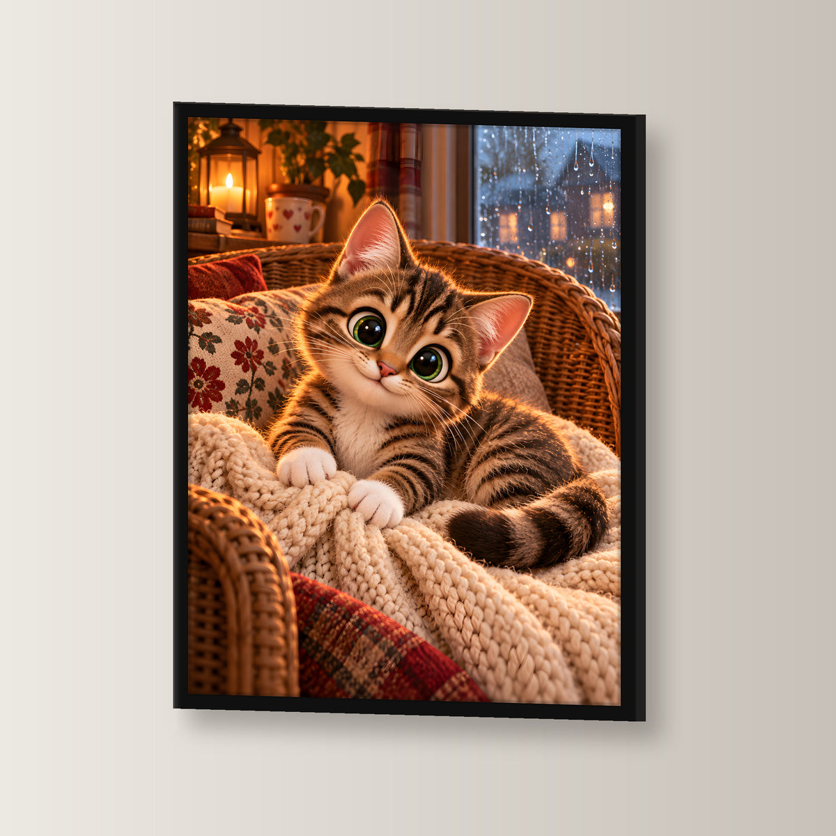 Kleines Kuschelglück – Gerahmtes Katzenbild. Schwarzer Rahmen ohne Passepartout. 2 WINKEL. 30×40 cm.