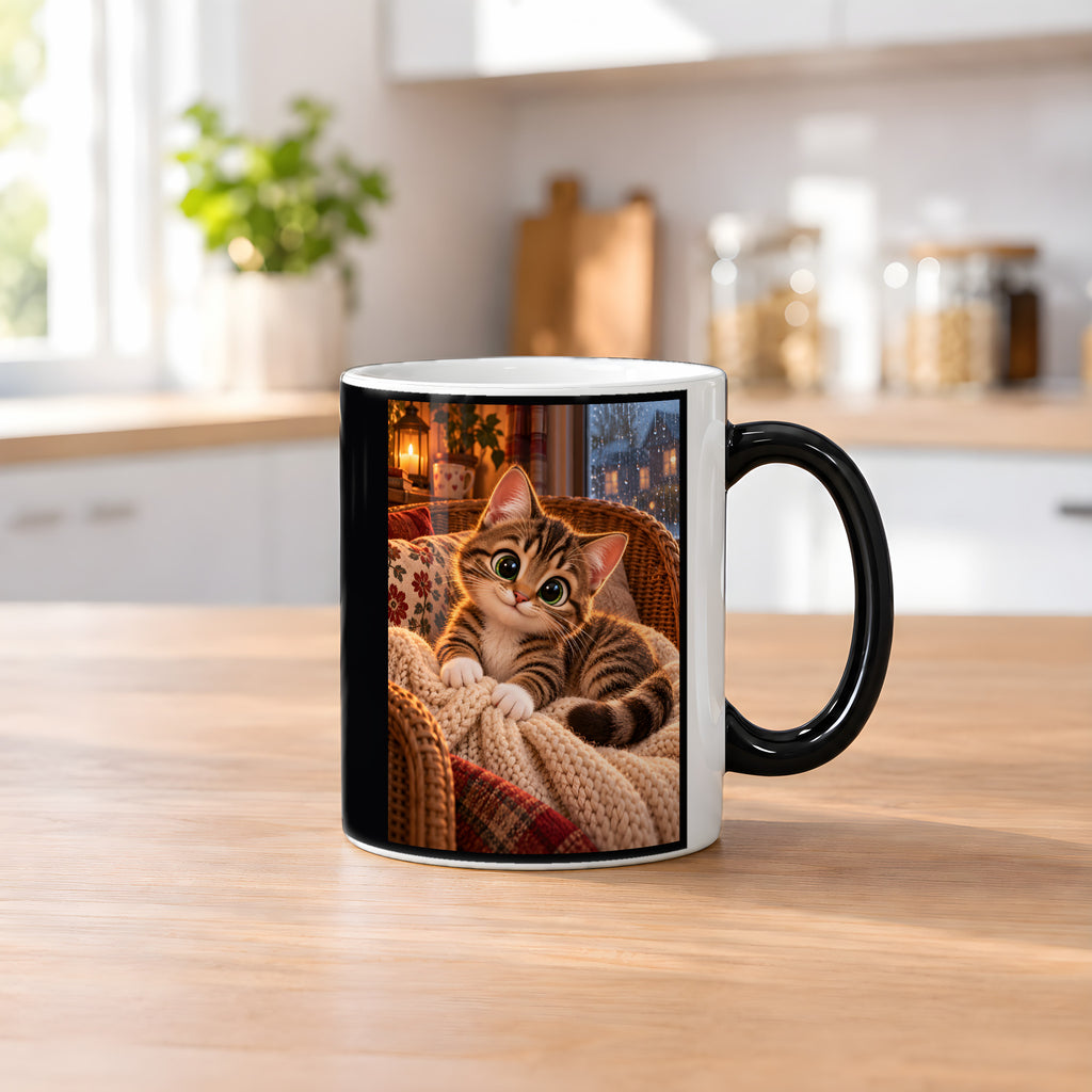 Kleines Kuschelglück – Katzentasse. Beidseitige Motivansicht. 2 KUECHE HEISS. Zaubertasse: Wärmeeffekt.