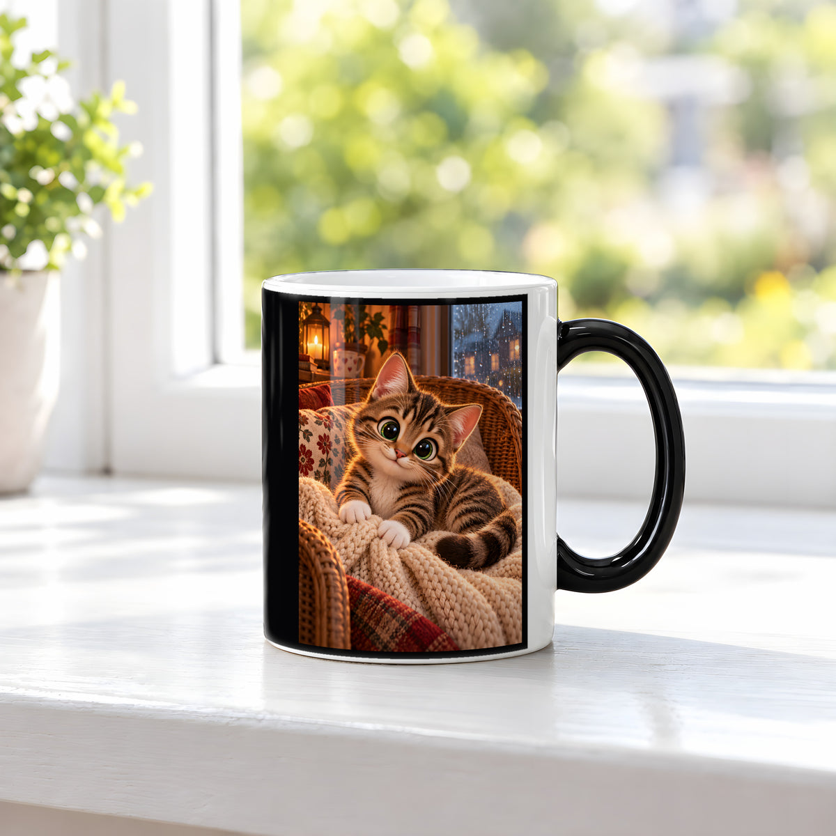 Kleines Kuschelglück – Katzentasse. Beidseitige Motivansicht. 3 FENSTER HEISS. Zaubertasse: Wärmeeffekt.