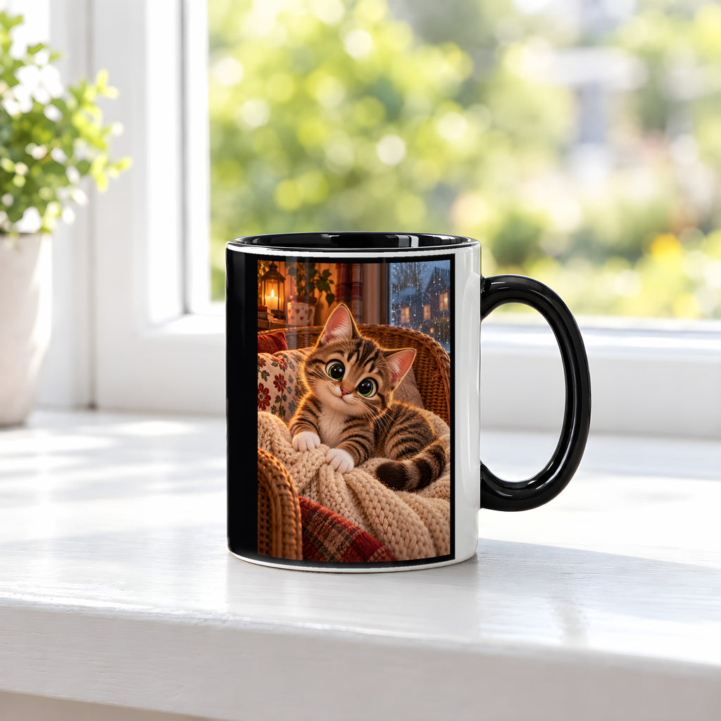 Kleines Kuschelglück – Katzentasse. Beidseitige Motivansicht. 3 FENSTER. Innen schwarz.