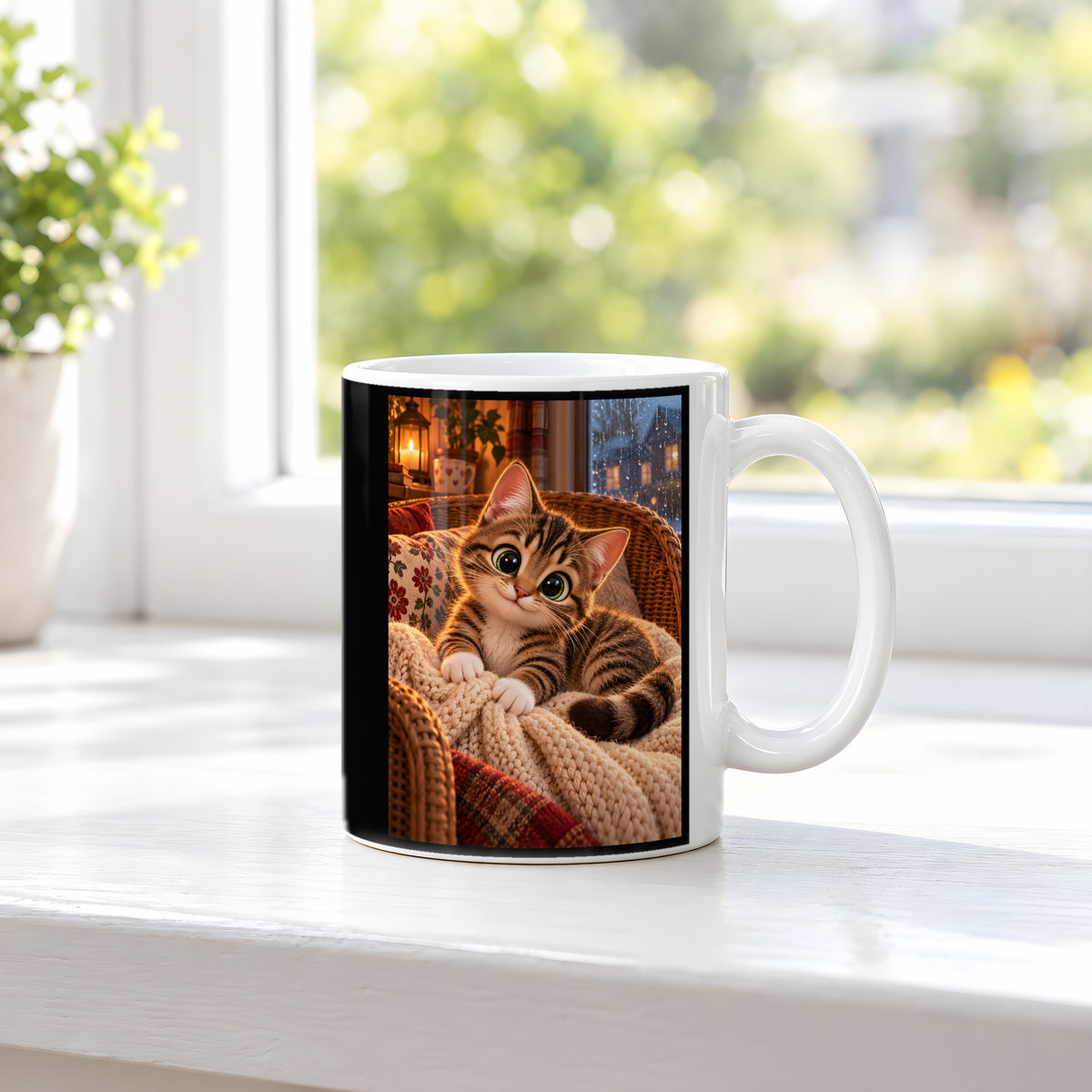 Kleines Kuschelglück – Katzentasse. Beidseitige Motivansicht. 3 FENSTER. Weiß.